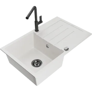 Granitový dřez Mexen Bruno granitový jednodřez s odkapávací plochou a kuchyňskou baterií Flora, bílý - 6513-20-670401-70-B Granitové dřezy s baterií