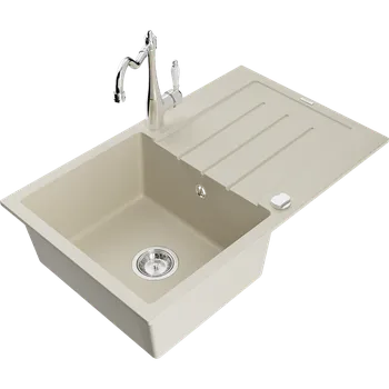 Granitový dřez Mexen Bruno granitový dřez s 1 komorou a odkapávačem a kuchyňskou baterií Carla, béžový - 6513-69-670700-00 Granitové dřezy s baterií