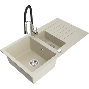 Granitový dřez Mexen Matias žulový dřez 1,5-komorový s odkapávačem a kuchyňskou baterií Aster, béžový - 6502-69-73450-07 Granitové dřezy s baterií