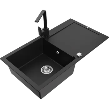 Granitový dřez Mexen Leo granitový kuchyňský dřez s 1 komorou a odkapem a kuchyňská baterie Rita, černý - 6501-77-670300-70 Granitové dřezy s baterií