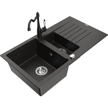Granitový dřez Mexen Matias dřez granitový 1,5-komorový s odkapávačem a kuchyňskou baterií Carla černý/zlatý metalik - 6502-75-670700-70 Granitové dřezy s baterií