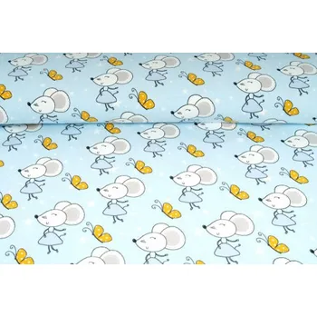 Úplet jednolíc, myška tanečnice na světle modrém podkladu, tričkovina, látky, metráž