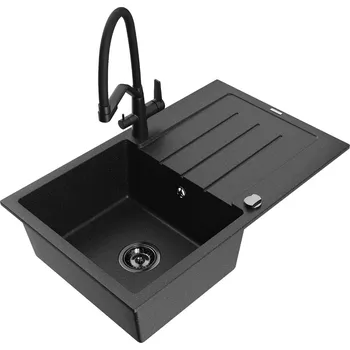 Granitový dřez MEXEN/S - Bruno granitový dřez s odkapávačem včetně baterie Duo, černá/stříbrná metalik 6513-73-671701-70-B