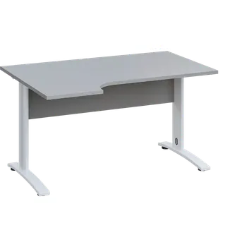 Psací stůl LKR 28 - 144 stůl kancelářský, rohový, levý, kovová podnož bílá, deska 25 mm, široký 1400 mm, šedá
