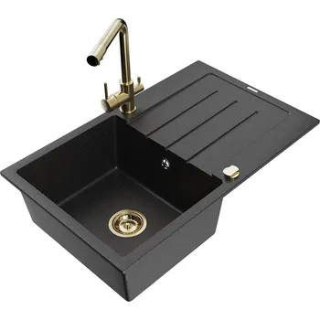 Granitový dřez MEXEN/S - Bruno granitový dřez s odkapávačem včetně baterie Duero, černá/stříbrná metalik 6513-73-671600-50