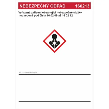 Značení Nebezpečný odpad 160213 Vyřazená zařízení obsahující ... samolepící vinylová fólie A7 (105 x 74 mm)