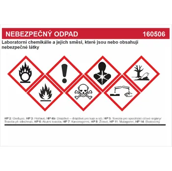 Značení Nebezpečný odpad 160506 - Laboratorní chemikálie .... samolepící vinylová fólie A7 (105 x 74 mm)