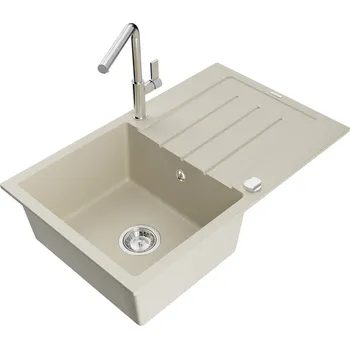 Granitový dřez MEXEN/S - Bruno granitový dřez 1 s odkapávačem včetně baterie Flora, béžová 6513-69-670401-00