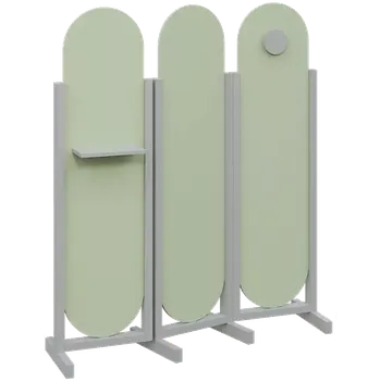 Paraván ATMOSFERE ROUND 416, dřevěný 3-dílný paraván, mobilní, výška 1600 mm, rám šedá, výplň šedo-zelinkavá, polička, věšák