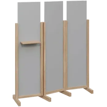Paraván ATMOSFERE LINE 316, dřevěný 3-dílný paraván, mobilní, výška 1600 mm, rám dub bardolino, výplň šedá, polička