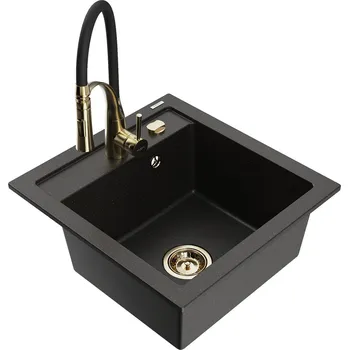 Granitový dřez MEXEN/S - Vito granitový dřez 1-miska včetně baterie Aster, černá/zlatá metali 6503-75-73450-57-G