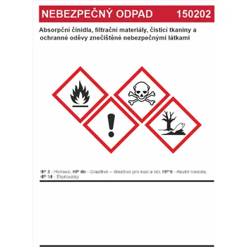 Značení Nebezpečný odpad 150202 Absorpční činidla, ... samolepící vinylová fólie A6 (148 x 105 mm)