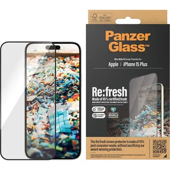 Tvrzené sklo (Temperd Glass) PANZERGLASS pro Apple iPhone 15 Plus - recyklované - černý rámeček