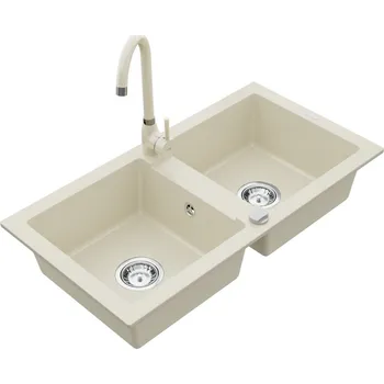 Granitový dřez MEXEN/S - Mario granitový dřez 2-bowl včetně baterie Telma, béžováy 6504-69-670200-69