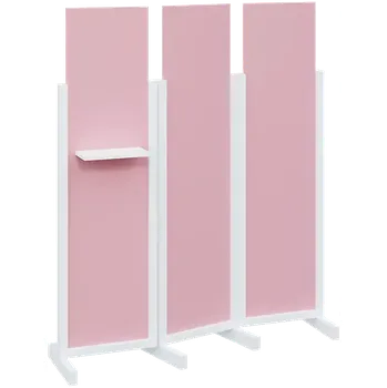 Paraván ATMOSFERE LINE 316, dřevěný 3-dílný paraván, mobilní, výška 1600 mm, rám bílá, výplň pastelově růžová, polička