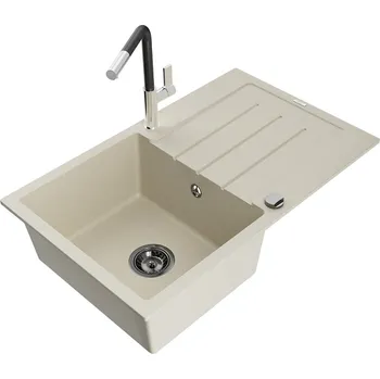 Granitový dřez MEXEN/S - Bruno granitový dřez 1 s odkapávačem včetně baterie Flora, béžová 6513-69-670401-07-B