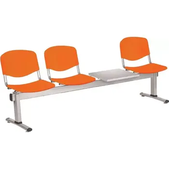 Zahradní lavice VINCENZA - 4 S, plastová lavice do čekárny, 3-sedák, stolek, oranžová, kostra stříbrná
