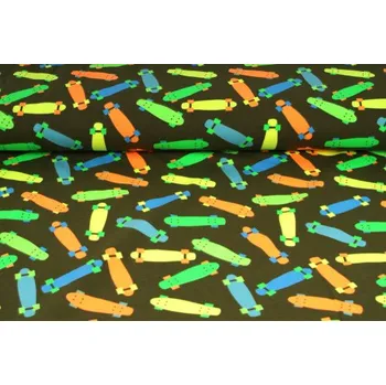 Úplet jednolíc, neonové skateboardy na olivovém podkladu, tričkovina, látky, metráž