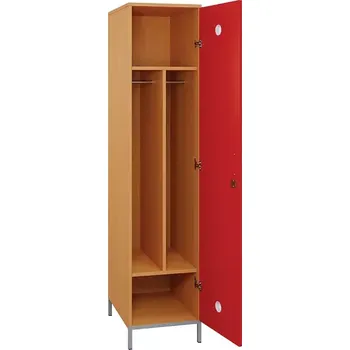 Šatní skříň SLN - 43T šatní skříň dřevěná, 1-dveřová, šatní tyč, 1800x400x500, kovové nohy, korpus buk royal/dveře červená flamengo
