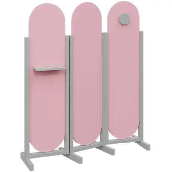 Paraván ATMOSFERE ROUND 416, dřevěný 3-dílný paraván, mobilní, výška 1600 mm, rám šedá, výplň pastelově růžová, polička, věšák