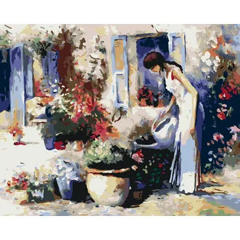 ZUTY Malování podle čísel - DÍVKA ZALÉVAJÍCÍ KVĚTINY Rozměr: 40x50 cm, Rámování: bez rámu a bez vypnutí plátna