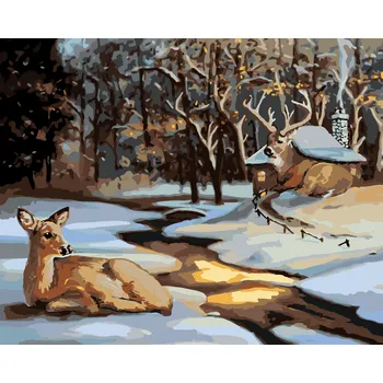 ZUTY Malování podle čísel - LAŇ A JELEN U ZASNĚŽENÉHO DOMU (D. RUSTY RUST) Rozměr: 40x50 cm, Rámování: bez rámu a bez vypnutí plátna