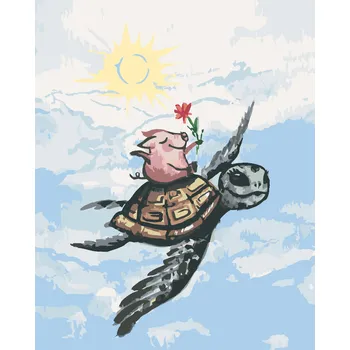 ZUTY Malování podle čísel - PRASE LETÍCÍ NA ŽELVĚ Rozměr: 40x50 cm, Rámování: bez rámu a bez vypnutí plátna