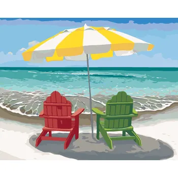 ZUTY Malování podle čísel - DŘEVĚNÁ ŽIDLE S DEŠTNÍKEM NA PLÁŽI (ROBERT JOHNSON) Rozměr: 40x50 cm, Rámování: bez rámu a bez vypnutí plátna