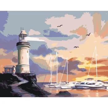 ZUTY Malování podle čísel - PLACHETNICE, MAJÁK A ZÁPAD SLUNCE (D. RUSTY RUST) Rozměr: 80x100 cm, Rámování: bez rámu a bez vypnutí plátna
