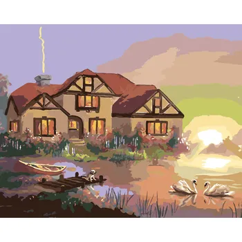 ZUTY Malování podle čísel - LABUTĚ, DŮM A ZÁPAD SLUNCE (D. RUSTY RUST) Rozměr: 40x50 cm, Rámování: bez rámu a bez vypnutí plátna
