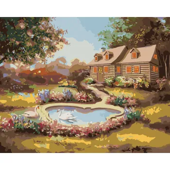 ZUTY Malování podle čísel - LABUTĚ, KVĚTINY A DŮM (D. RUSTY RUST) Rozměr: 40x50 cm, Rámování: bez rámu a bez vypnutí plátna