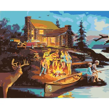 ZUTY Malování podle čísel - TÁBORÁK U CHATY, JELEN A SOVA (D. RUSTY RUST) Rozměr: 40x50 cm, Rámování: vypnuté plátno na rám
