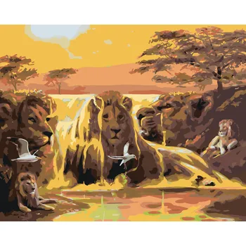 ZUTY Malování podle čísel - LEV, VODOPÁD A SLUNCE (D. RUSTY RUST) Rozměr: 80x100 cm, Rámování: bez rámu a bez vypnutí plátna