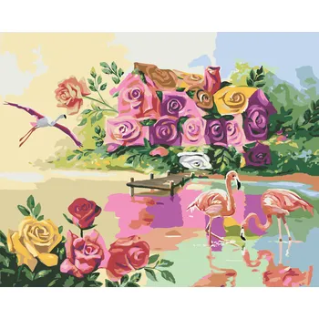 ZUTY Malování podle čísel - PLAMEŇÁCI U DOMU RŮŽÍ (D. RUSTY RUST) Rozměr: 40x50 cm, Rámování: bez rámu a bez vypnutí plátna