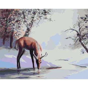 ZUTY Malování podle čísel - JELEN PIJE Z POTOKA V ZIMĚ (D. RUSTY RUST) Rozměr: 40x50 cm, Rámování: vypnuté plátno na rám