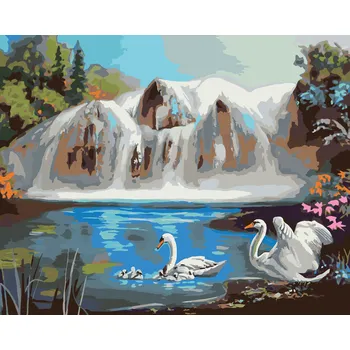 ZUTY Malování podle čísel - LABUTĚ NA JEZEŘE A VODOPÁD (D. RUSTY RUST) Rozměr: 40x50 cm, Rámování: bez rámu a bez vypnutí plátna