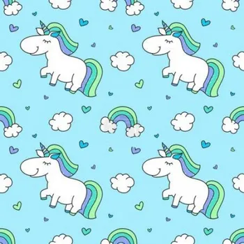 Impregnovaná látka kočárkovina, unicorn, jednorožec na světle modrém podkladu, látka, metráž
