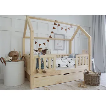 Dětská postel Luletto Domečková postel Bianco Duo Plus 90x200 cm, Přírodní borovice (nelakováno), bez komínu, s úložným prostorem, výřez
