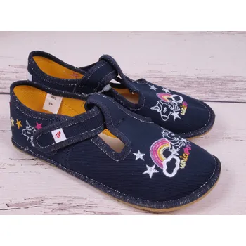 Dívčí bačkory Bačkůrky capáčky balerínky BAREFOOT EF 395 jednorožec modré velikost: 35