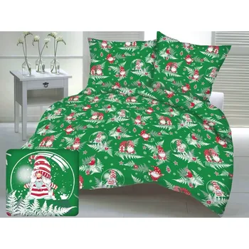 Mirtex Plátno DOMESTINO 120/ 22296-2 Vánoční skřítek červený na zelené šíře 160cm