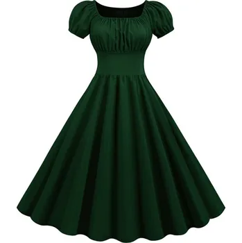 Dámské oblečení Áčkové šaty s řasenými detaily a nafouklými rukávy Barva: Zelená, Velikost: XL