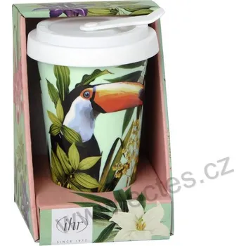 Termohrnek IHR TOUCAN IN PARADISE porcelánový cestovní termo TO GO hrnek s víčkem černobílý tukan v zeleném pralese 250ml