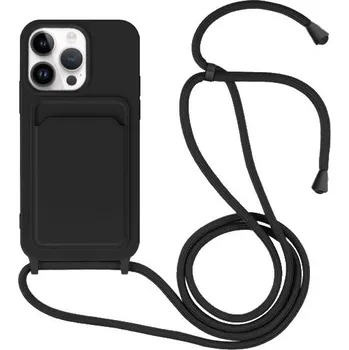 Pouzdro na mobilní telefon Silikonový kryt se šňůrkou a kapsou na karty pro iPhone 14 Pro - černý