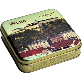 Dóza na potraviny BRNO ŠPILBERK zlatá plechová dóza 7414/40 panoramatický pohled na hrad