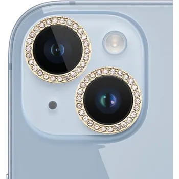 Tvrzená skla posázená kamínky k ochraně čoček zadního fotoaparátu pro iPhone 14 / 14 Plus - zlatá