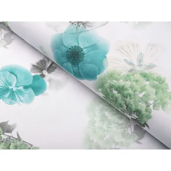 Teflonová látka na ubrusy TF-044 Tyrkysové růže na bílém - šířka 150 cm