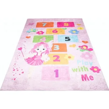 Koberec Makro Abra Dětský kusový koberec vhodný k praní BAMBINO 2138 Čísla Víla Motýlci protiskluzový růžový Rozměr: 80x150 cm