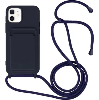 Pouzdro na mobilní telefon Silikonový kryt se šňůrkou a kapsou na karty pro iPhone 12 / 12 Pro - tmavě modrý