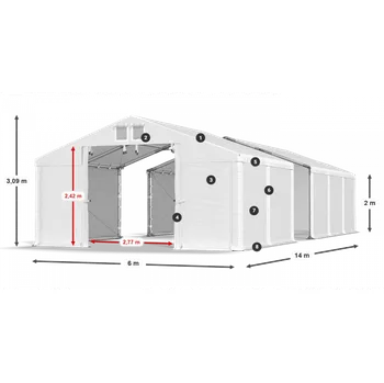 Zahradní stan Skladový stan 6x14x2m střecha PVC 580g/m2 boky PVC 500g/m2 konstrukce ZIMA PLUS Bílá Bílá Bílá