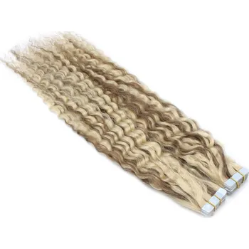 Příčesek 50cm Tape hair / pu extension / Tape IN lidské vlasy remy kudrnaté – platina / světle hnědá